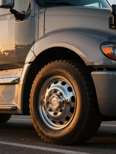 Close-up of a modern semi-truck chrome wheel and side grill, dramatic golden hour side-lighting, sharp details