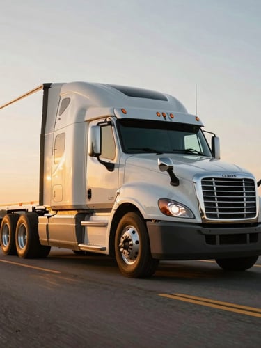 Low-angle hero shot of a modern Class 8 semi-truck on an open US highway at golden hour, dramatic side-lighting on chrome details, 35mm.