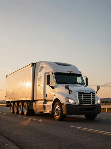 Low-angle hero shot of a modern Class 8 semi-truck on an open US highway at golden hour, dramatic side-lighting, rich saturated tones.
