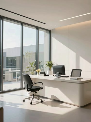 Sunlit, ultra-modern medical consultation office in Sonata, clean glass walls, high-end minimalist design, warm natural daylight.