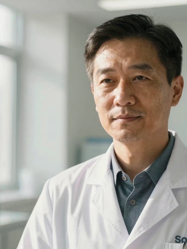 Close-up portrait of a professional medical specialist in a bright, sunlit modern clinic in Sonata, warm natural daylight, clinical white coat, confident expression.
