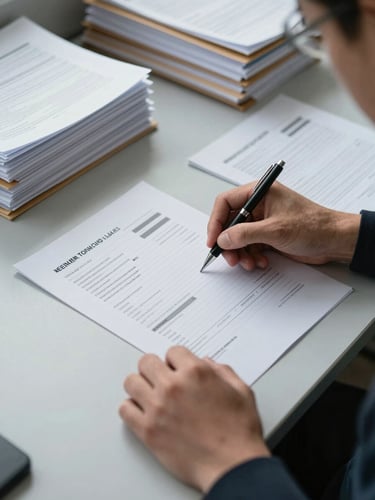 Close overhead view of a man's hands reviewing a detailed financial audit workpaper on a wide desk, pen in hand marking specific line items, cool north-facing daylight from the left, stacks of organized contract folders visible in the background, no face visible, forensic-lab discipline in the arrangement of documents