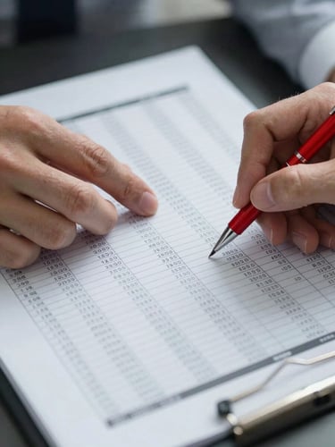 Extreme close-up of a financial analyst's hands annotating a printed audit report on a desk, cool north-facing daylight, red pen marking specific line items in a dense financial schedule, forensic precision visible in the margin notes