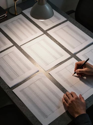 Wide overhead shot of a financial audit workspace — rows of printed spreadsheets and annotated contracts spread across a dark slate desk, a single cool task lamp casting precise light across columns of figures, one hand holding a mechanical pencil mid-notation, deep shadows at the frame edges