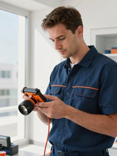 A professional uniformed Dubai plumber in a clean navy shirt holding technical leak detection equipment in a bright, modern utility room, crisp focus, 35mm lens.