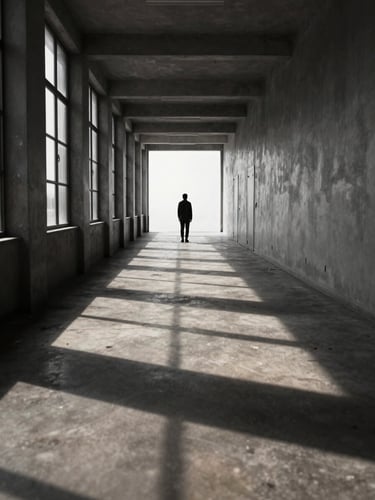 Wide environmental shot of a lone figure standing at the far end of a long empty corridor, dramatic side-lighting from tall windows creating alternating bands of shadow and pale light on the floor, cinematic depth, solitude and scale, no faces visible, high contrast monochromatic atmosphere