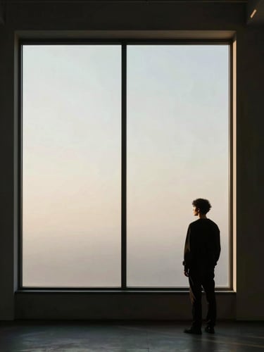 Wide cinematic frame, a solitary figure standing back-turned before a floor-to-ceiling window in a minimal dark interior, dramatic lateral light carving half the face in shadow and half in pale gold, vast negative space on the left third, stillness before transformation