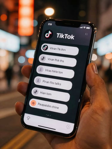 Dynamic close-up of a smartphone screen displaying viral TikTok metrics and comment bubbles, held by a creator on a neon-lit Hong Kong street at night, vibrant warm orange tones.