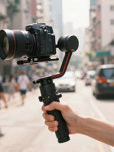 Dynamic Dutch angle close-up of a content creator holding a camera stabilizer on a busy Mong Kok street, bright warm daylight, high energy motion blur