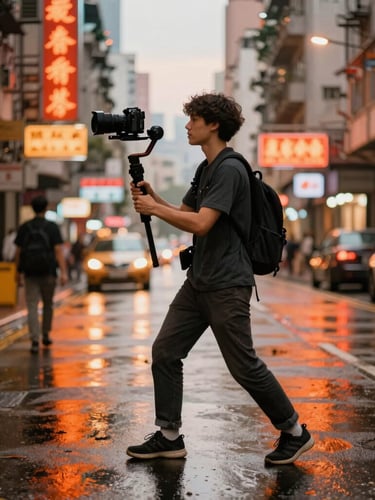 Dynamic wide-angle action shot of a young creator holding a camera stabilizer on a bustling Mong Kok street at dusk, neon signs reflecting on wet asphalt, warm saturated orange tones.
