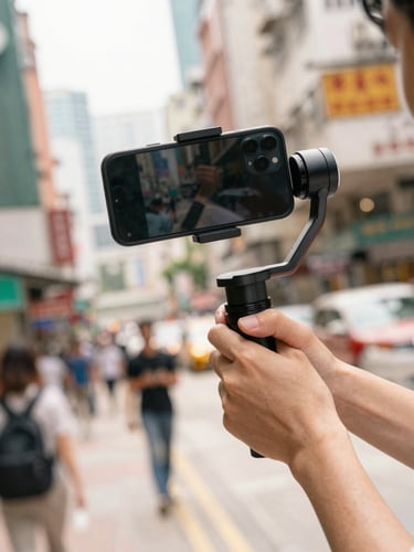 Portrait framing, bright natural HK daylight, a dynamic Dutch angle close-up of a creator holding a smartphone on a gimbal in a bustling Mong Kok street, vibrant warm tones, high energy.
