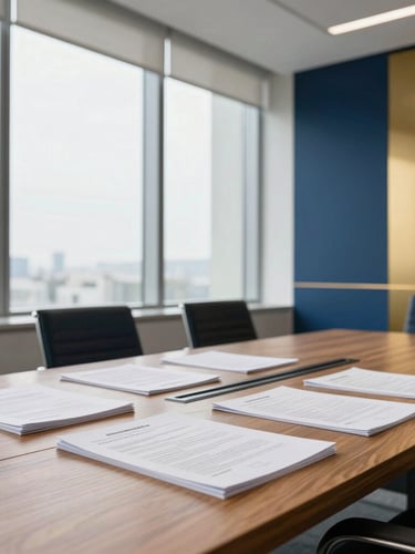 A bright corporate boardroom with large windows, natural daylight illuminating architectural lines, professional documents arranged neatly on a solid oak desk, premium editorial style