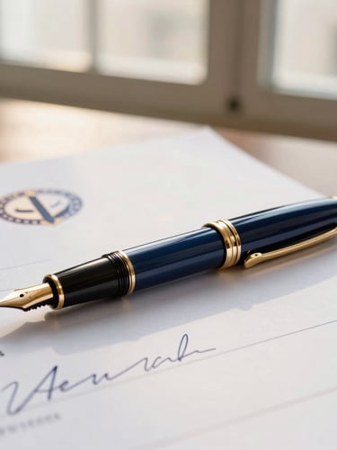 Close-up of a premium fountain pen resting on a signed corporate patent document, warm golden afternoon window light, deep navy shadows, professional editorial style.