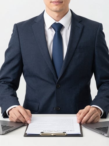 Soft-focus environmental portrait of a professional lawyer in a modern law office, bright diffused natural window light, deep navy accents, warm neutral tones, 35mm
