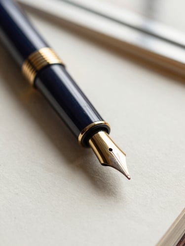 Macro close-up of a fountain pen resting on heavy textured paper, soft natural window light, warm brass accents, shallow depth of field