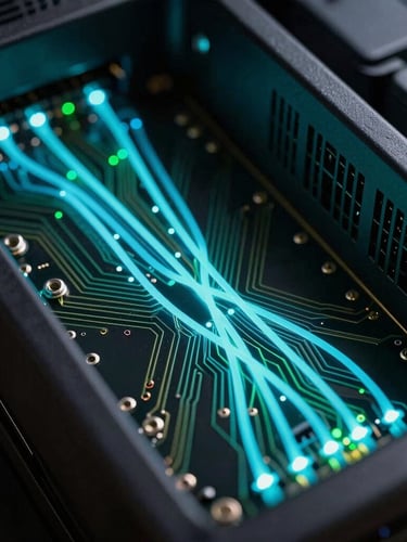 Macro close-up of a high-performance server rack, glowing cyan data pathways pulsing through dark circuitry, sharp focus, high contrast