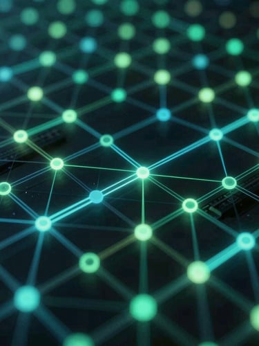 Close-up of a stylized digital energy grid network with glowing nodes and sharp technical pathways, low-key moody lighting, macro lens focus.