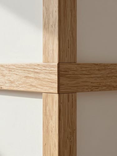 Extreme close-up detail of a silent wood joint in light oak, architectural shadows, bright diffused natural daylight, minimalist architectural photography
