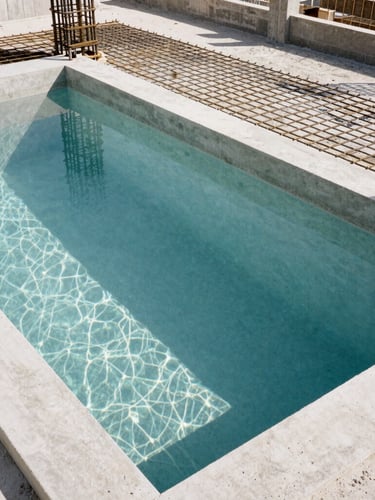 Architectural portrait of a luxury concrete pool under construction, steel reinforcement grids visible before concrete pouring, bright daylight, precise engineering work, 35mm