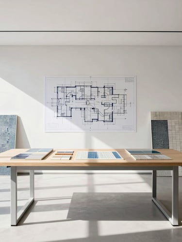 Minimalist modern architectural office interior with large drafting tables, technical pool blueprints on the wall, and samples of Italian mosaic tiles under bright natural daylight, 35mm