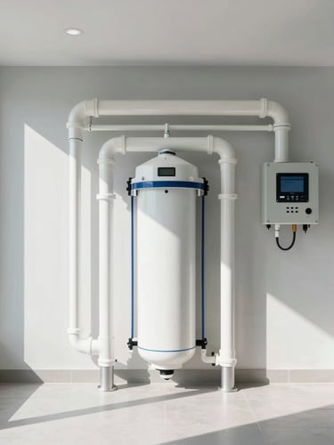 A clean, modern pool filtration room with neatly arranged PVC pipes, automated salt-chlorination systems, and digital control panels, high-contrast architectural lighting