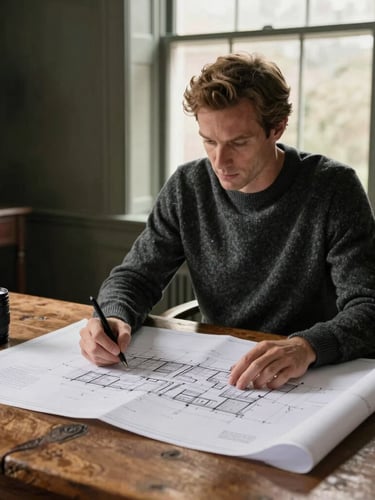 Anthony Carey in a charcoal cashmere sweater reviewing architectural blueprints on a rustic oak table, warm natural window light, elegant and quiet setting, 35mm lens.