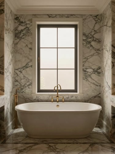 Symmetrical, straight-on architectural photograph of a luxury master bathroom, warm natural window light, veined Calacatta marble joints, freestanding stone tub, 35mm lens, rich moody tones.