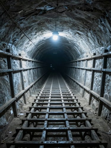 Wide-angle industrial documentary shot of a massive underground tunnel reinforcement cage under cool sodium-vapor lighting, heavy shadows.