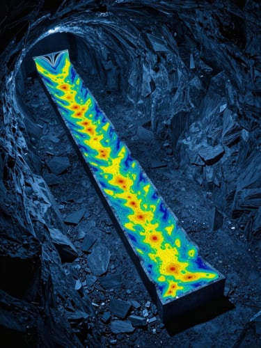 Finite element stress-analysis heatmap of a tunnel lining under extreme geological load, bright stress points contrasting with deep blue slate background.