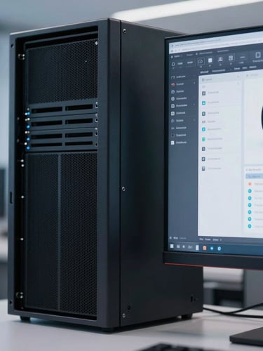 Crisp editorial photography, cool daylight with subtle blue ambient light, close detailed shot of a high-end design interface on a monitor next to a clean server rack, 35mm lens