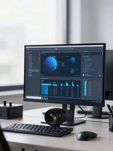 Crisp editorial photography of a high-contrast modern workspace with cool daylight and a subtle blue ambient tech glow, a high-end design interface visible on a monitor, 35mm lens.