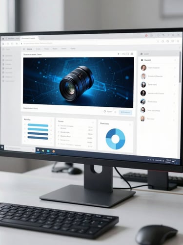 Crisp editorial photography of a high-end design interface on a large monitor, cool daylight with subtle blue ambient tech glows, clean organized desk, 35mm lens