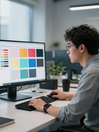 Focused professional designer collaborating in a modern organized workspace, looking at a color scheme on a screen, cool daylight, 35mm lens
