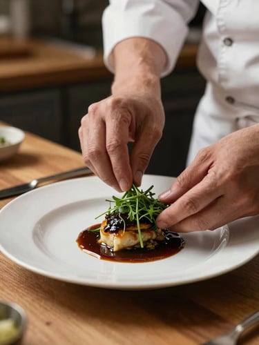 Close-up of a chef's hands mid-plating a dish on a white ceramic plate, warm north-facing kitchen light, fresh herbs and dark sauce visible, wooden prep counter in the background, shallow depth of field