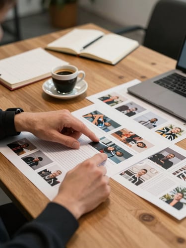 Agency team member reviewing printed content layouts spread across a wooden table under warm indoor office light — hands pointing to a photo strip, a small espresso cup to one side, notebooks and a laptop partially visible, honest unposed working moment