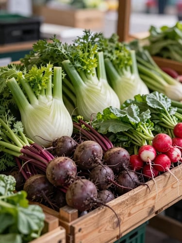 Tight close-up of a market stall wooden crate filled with mixed seasonal produce — fennel fronds, small beets, and bunches of radishes — under soft morning outdoor light, stall canopy creating gentle shadow, rich earthy tones with vivid greens