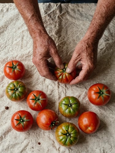 Close overhead flat-lay of a farmer's weathered hands sorting small-batch tomatoes on a rough linen cloth, warm natural light from above, a few loose stems and soil traces visible, rich red and green tones against the pale fabric