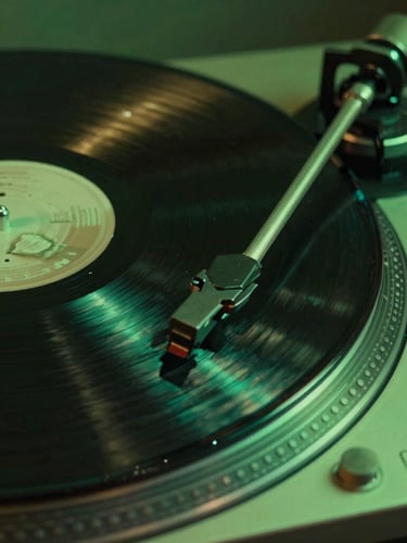 Extreme close-up of a vinyl record spinning on a turntable under harsh green neon lighting, high contrast, documentary style.
