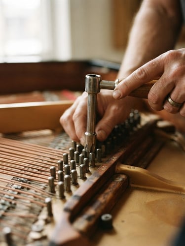 Macro detail of piano tuning pins and copper strings, hands with a tuning hammer, soft natural window light, warm editorial photography.