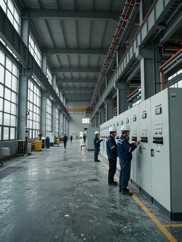 Wide industrial facility interior, technicians in hard hats working at a large electrical control panel on the far right, cool overcast light through high windows, dense cable conduit runs overhead, no faces visible, documentary framing