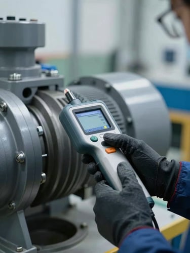 Extreme close-up of a technician's gloved hands operating a handheld vibration diagnostic instrument against a large rotating pump assembly, facility background blurred, cool overcast north-facing light, no face visible, sharp instrument detail in foreground