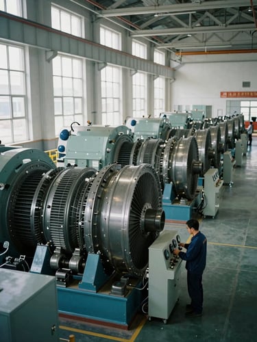 Wide interior view of a power generation turbine hall, rows of massive generator units receding into the distance, a lone technician in the foreground examining an instrument panel, cool north-facing industrial daylight streaming through high windows, documentary framing, no staging