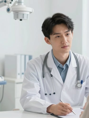 Medium shot of a professional doctor consulting a patient in a bright clinical office, modern medical equipment in background, soft white light