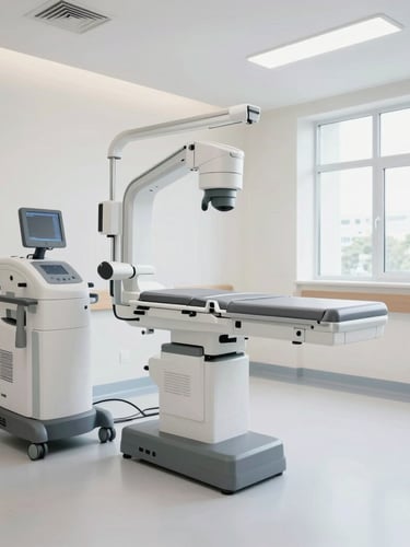 Bright clean modern hospital corridor with advanced diagnostic equipment, soft high-key clinical lighting, sharp 50mm lens perspective
