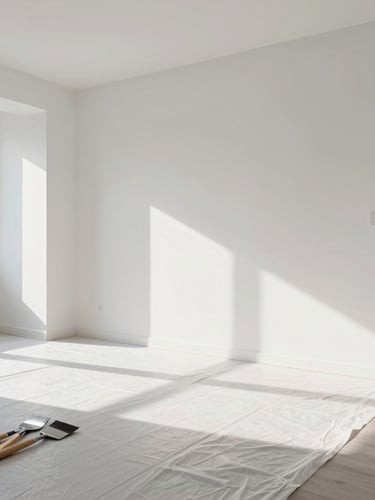 Wide environmental shot of a bright, modern Zagreb apartment with flawless white walls, natural sunlight highlighting smooth textures, and clean painting tools organized neatly on a protective floor sheet.