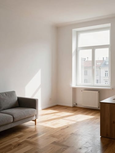 Bright modern Zagreb apartment interior, perfectly painted white walls, warm wooden floors, soft natural daylight streaming through a large window, minimal elegant furniture