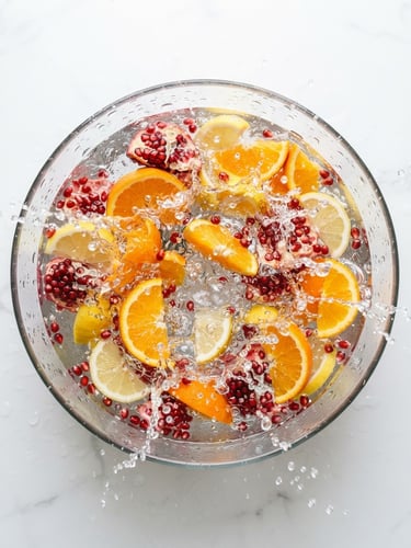 Overhead flat lay of vibrant freshly sliced oranges, lemons, and pomegranates splashing in crystal clear water, bright natural sunlight, condensation on glass, clean white background, 50mm lens