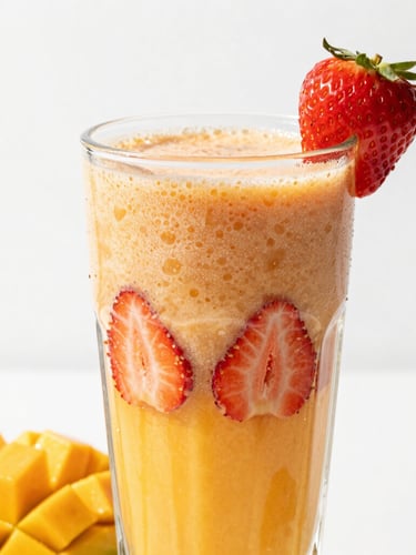Macro close-up of a tall glass of layered mango and strawberry smoothie, thick condensation on the glass, fresh strawberry on the rim, bright sunlight casting sharp shadows