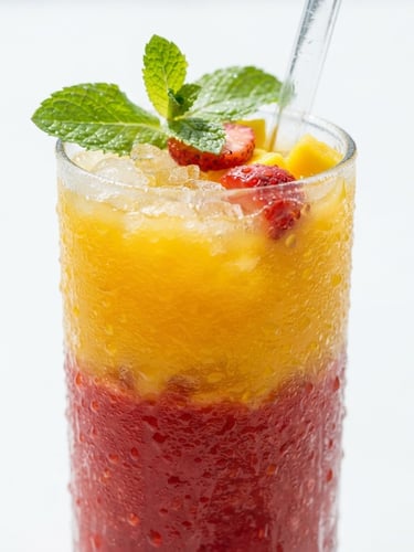 Macro close-up of a condensation-covered glass of layered mango and strawberry juice, fresh mint leaves, bright natural sunlight, clean white background, 50mm lens
