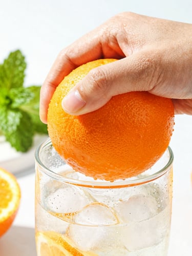 Close-up of a hand squeezing a fresh ripe orange into a condensation-covered glass filled with ice, bright natural morning sunlight, vibrant green mint leaves in background